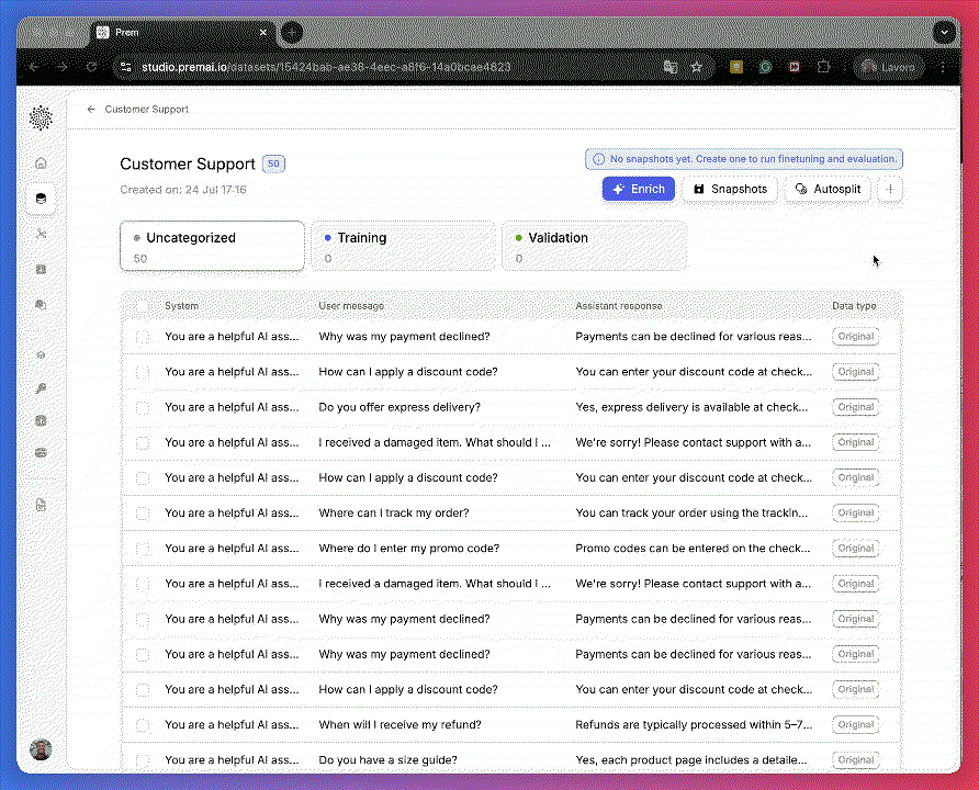 GIF of opening a dataset and creating a validation split