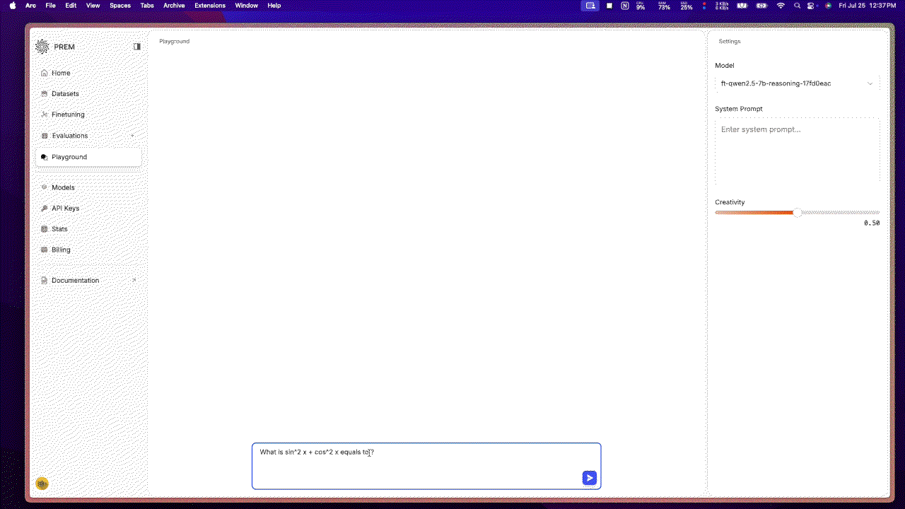 GIF showing reasoning model output in Prem Studio